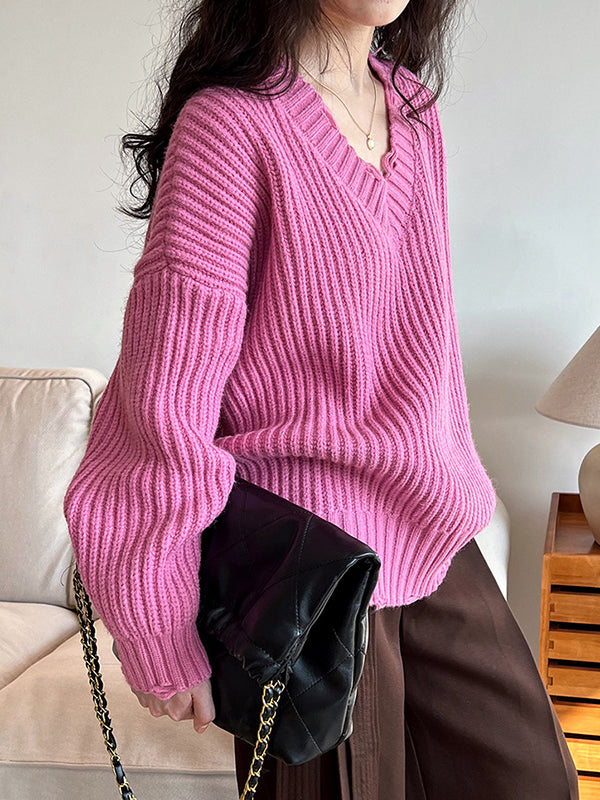 Urban Fuchsia V-neck Long Sleeve Knit Sweater An1046