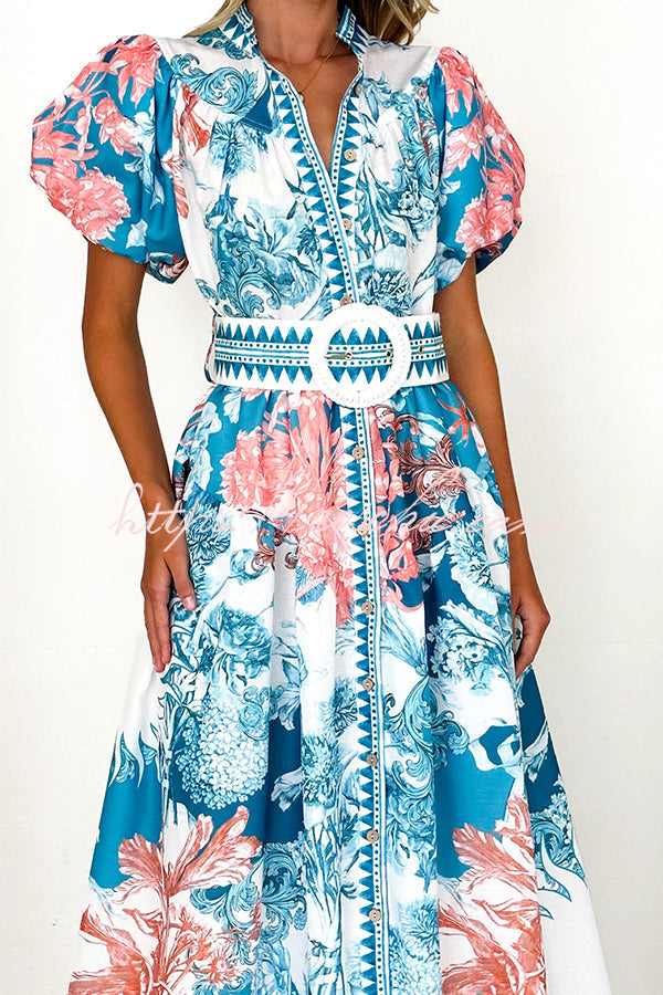 Unique Print Puff Sleeve Button Belt Maxi Dress