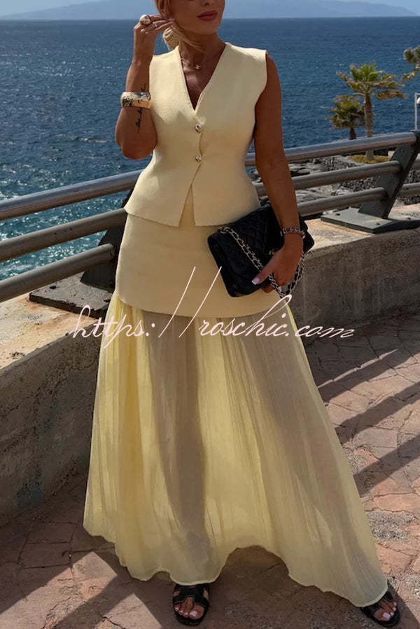 Stylish and Knit Spliced Tulle Elastic Waist Pleated Maxi Skirt