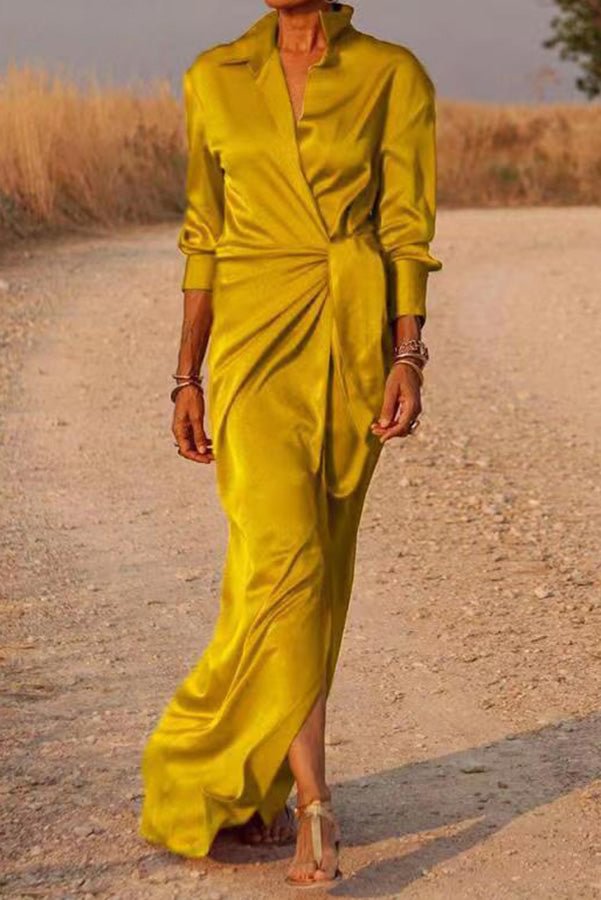 Red Satin Wrap Shirt Maxi Dress Qb034
