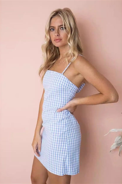 Knotted Plaid V-neck Mini Dress