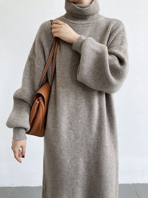 Urban Loose Purple High-neck Long Puff Sleeve Sweater Dress An1052