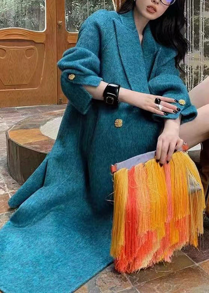 Organic Blue Notched Patchwork Pockets Maxi Woolen Coats Winter Wv008