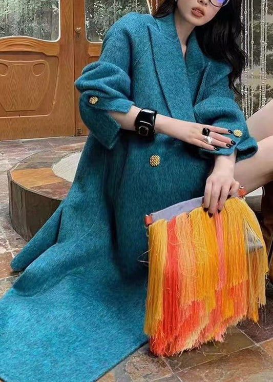 Organic Blue Notched Patchwork Pockets Maxi Woolen Coats Winter Wv008