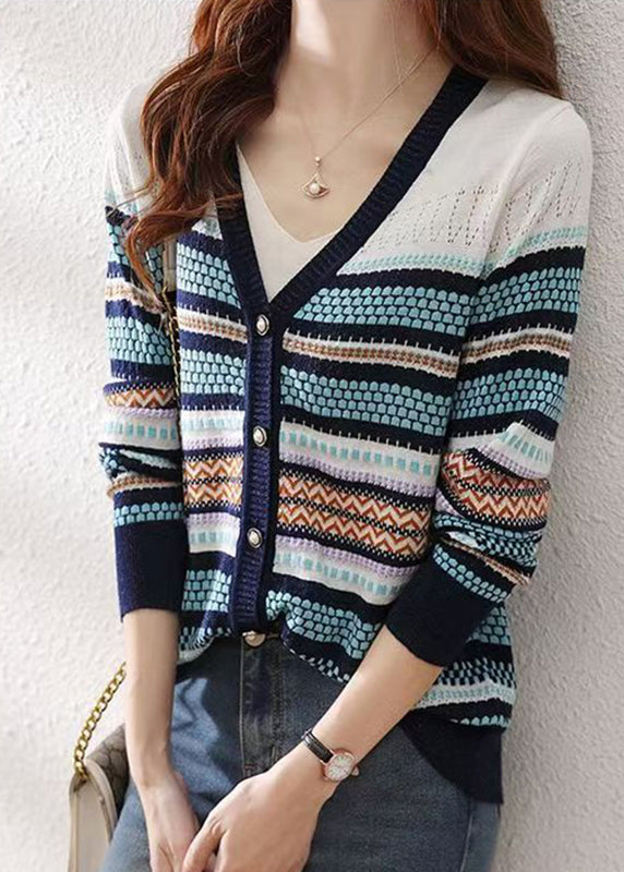 Colorblock V Neck Striped Patchwork Button Knit Cardigans Fall Qp010