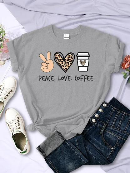 Peace Love Coffee Prints Tshirts Cotton T-shirts Brand Breathable Tees Shirts Street O-neck Tshirt for