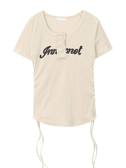 T-shirts Y2k Tops Drawstring Summer Graphic Knitting Harajuku Korean Letter Short Sleeve Aesthetic Clothing