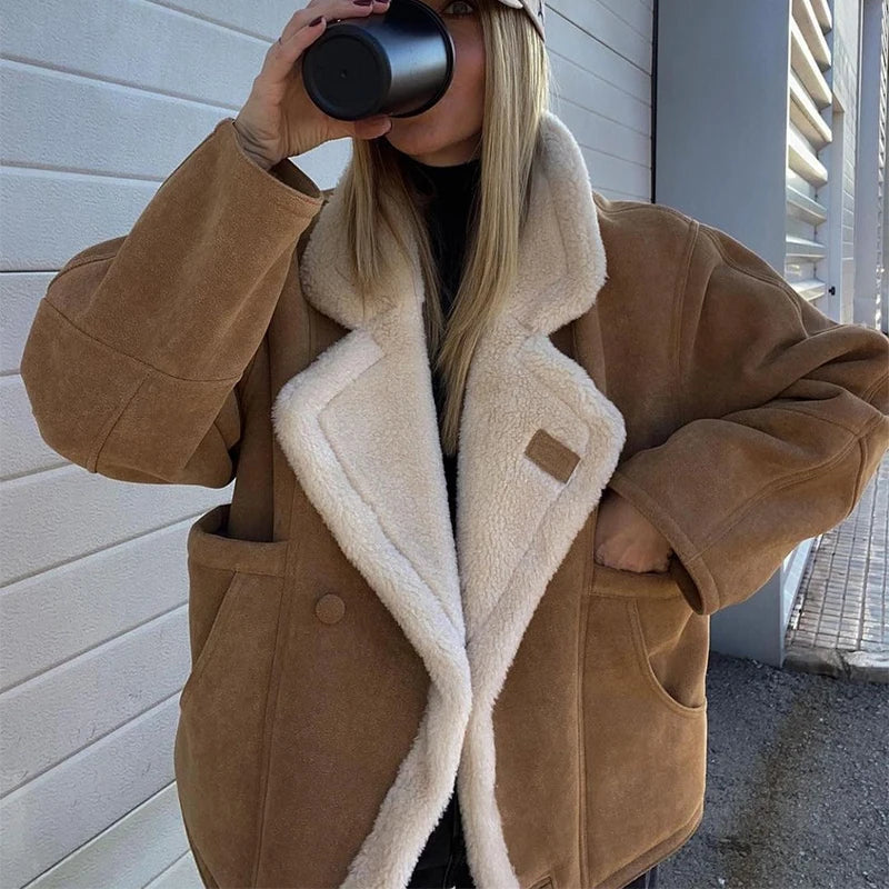 Lamb Woolen Spliced Warm Coat for Side Buttons Lapel Full Sleeve Jackets Lady Autumn Winter Thick Outwear