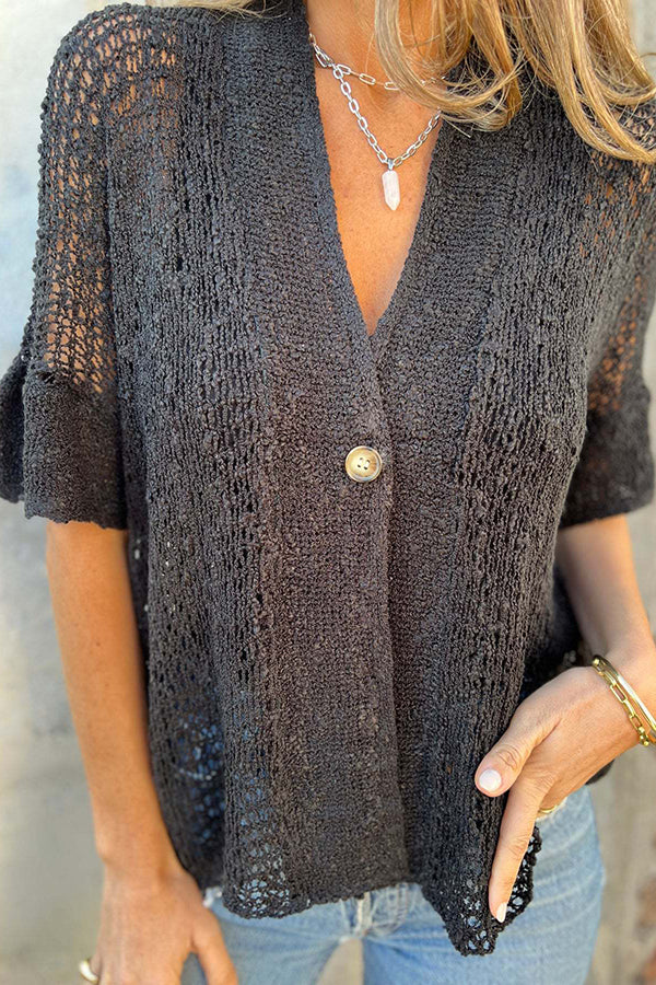 Color Hollow Sleeve V-neck Button Knitted Cardigan