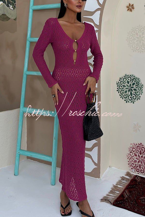 V-neck Long-sleeved Hollow Slim Maxi Dress