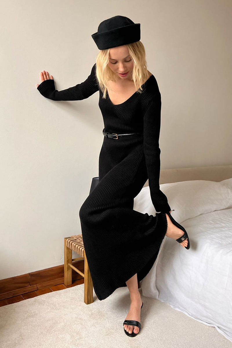 Knit Bodycon V Neck Maxi Dress