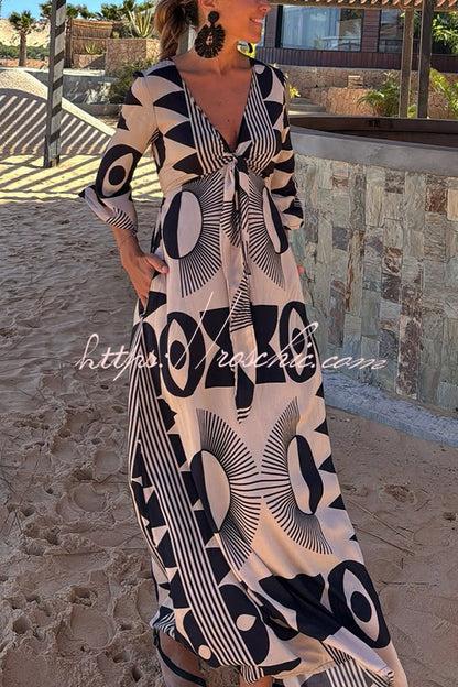 Unique Print V-neck Tie Loose Pocket Maxi Dress