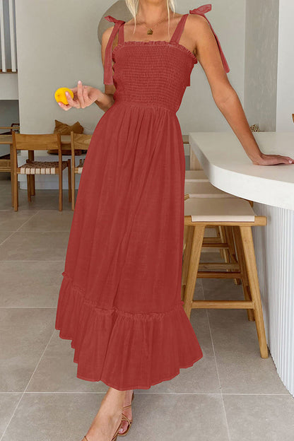 Summer Spaghetti Strap Square Neck Color Ruffle a Line Beach Long Maxi Dress