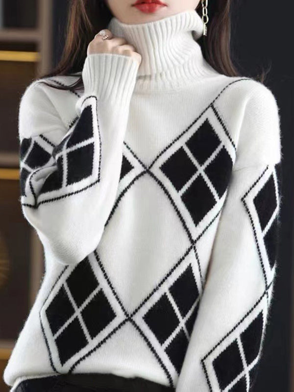 Red High-neck Contrast Color Plaid Long Sleeves Sweater Qx014