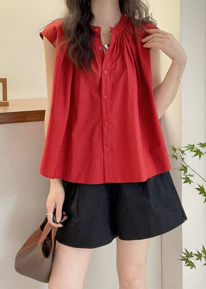 Red O Neck Button Cotton Blouses Sleeveless Qp063
