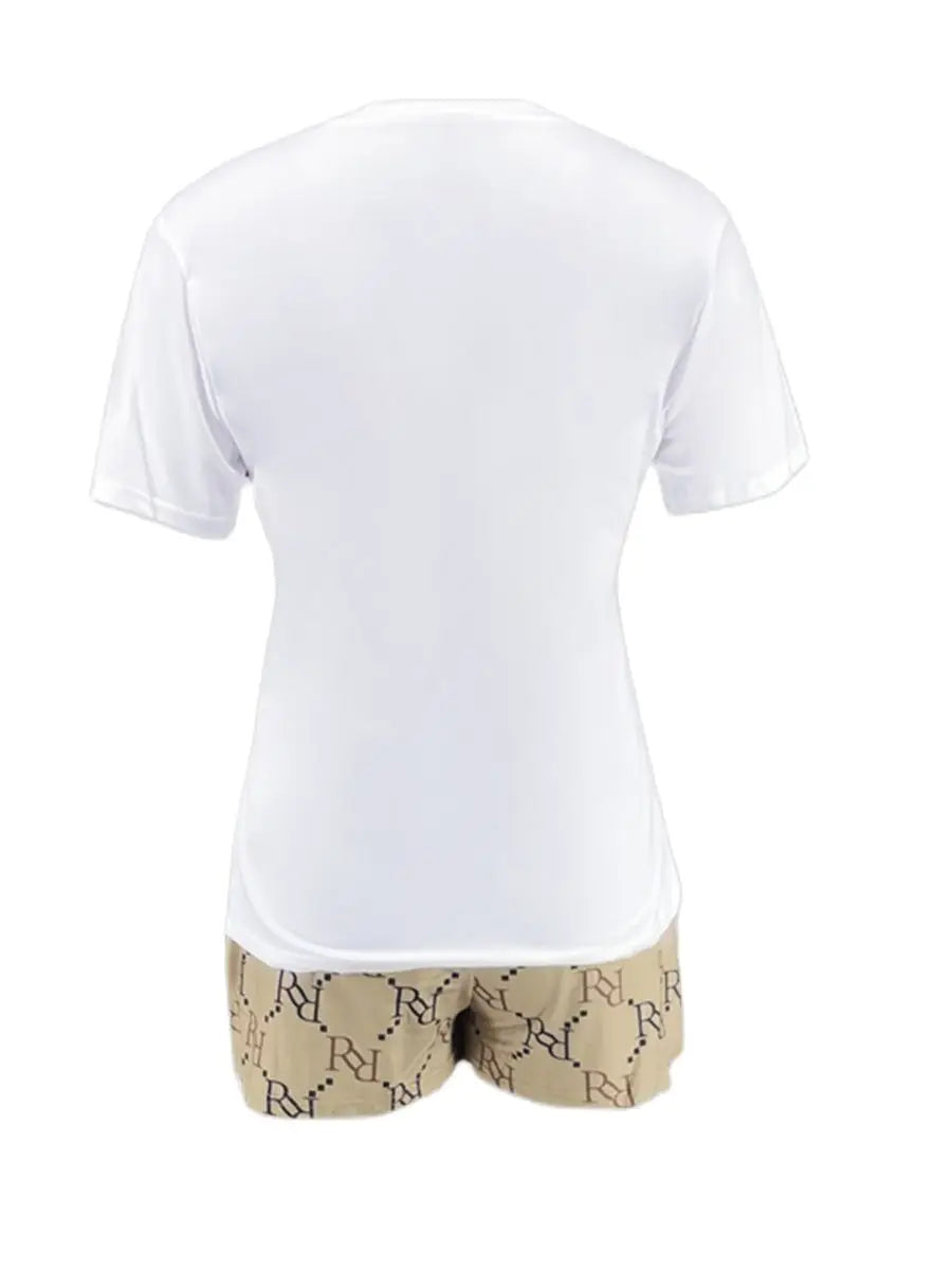 Geometric Bear Print Shorts Set O Neck Short Sleeve T-shirt Mixed Print Hipster Bottoms 2pcs /