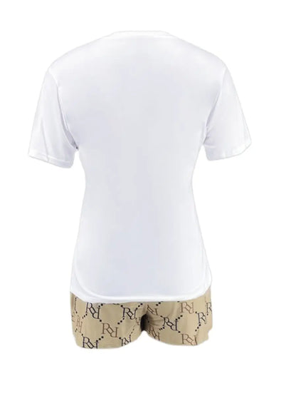 Geometric Bear Print Shorts Set O Neck Short Sleeve T-shirt Mixed Print Hipster Bottoms 2pcs /