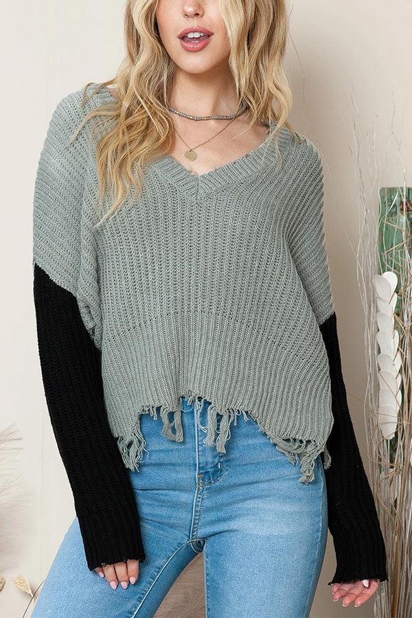 Tassel Hem Pullover V Neck Sweater