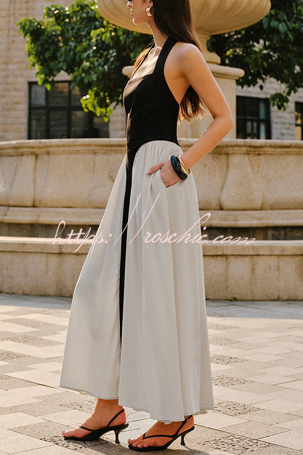 Contrast Color Stitching Sleeveless Backless Slim Maxi Dress