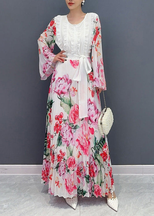 White O-neck Ruffled Patchwork Tie Waist Chiffon Long Dress Long Sleeve Ao1034