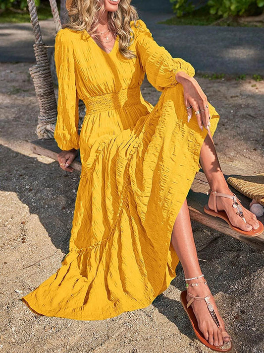A-line Long Sleeves Elasticity Color Split-joint V-neck Maxi Dresses