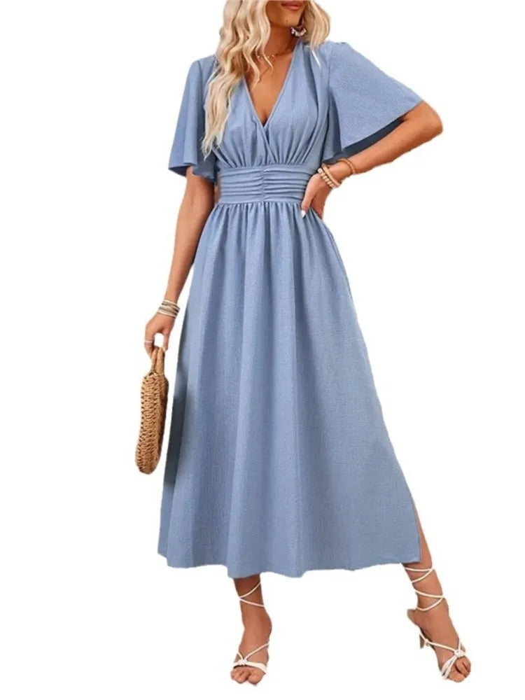 Summer Color Long Dresses Ruffled Short Sleeves V-neck Folds Elastic Waist Slit Dress Lady Vestidos