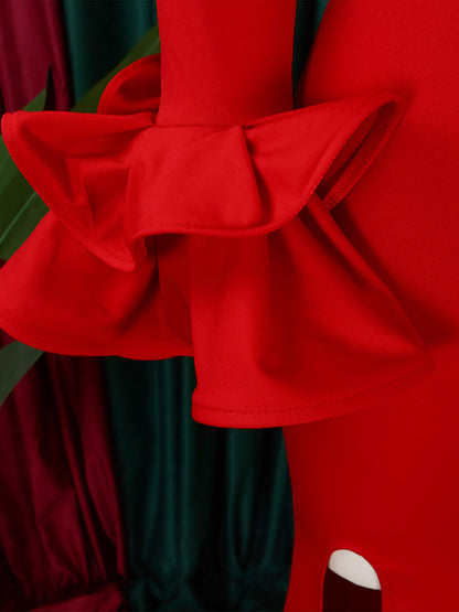 Bodycon Flared Sleeves Falbala Color Split-side Off-the-shoulder Maxi Dresses