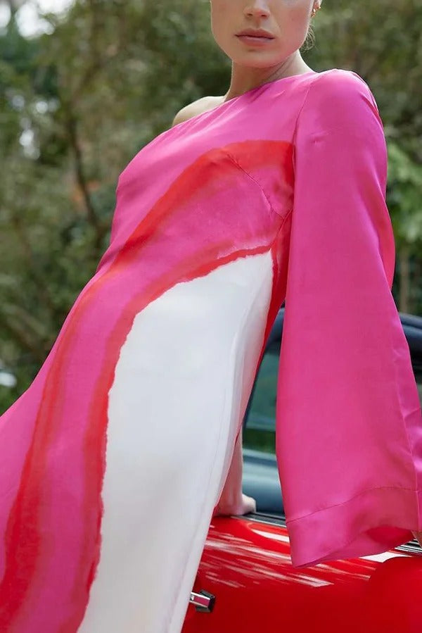 Contrast Print One-sleeve Slit Maxi Dress