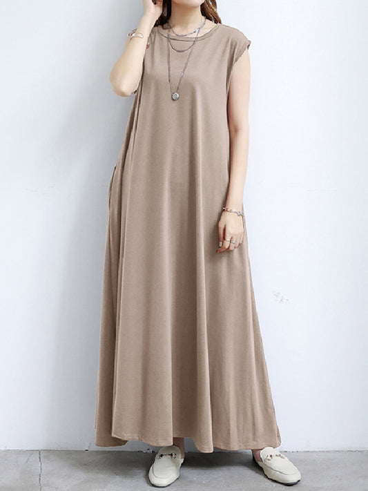 Simple Loose Sleeveless Color Round-neck Maxi Dresses