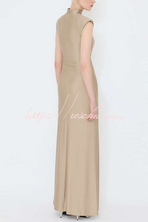 Genis Hollow Elastic Bust High Neck Sleeveless Gathered Maxi Dress