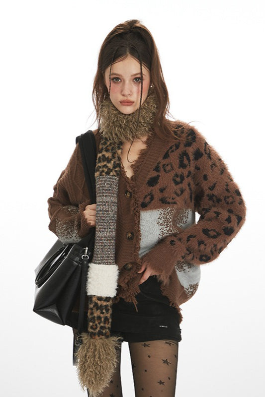 Leopard Print Patchwork V Neck Knit Cardigan