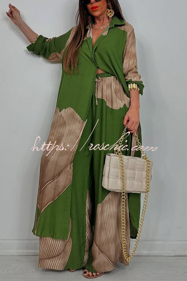 Unique Printed Loose Long Shirt and Elastic Waist Pocket Wide Leg Pants Set