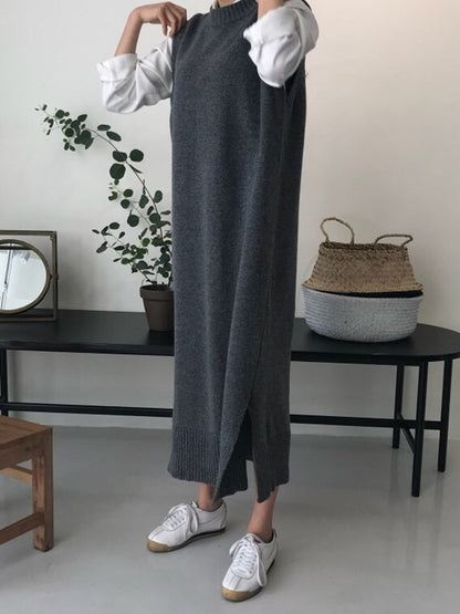 Urban Loose Sleeveless Color Round-neck Midi Dresses Sweater Dresses