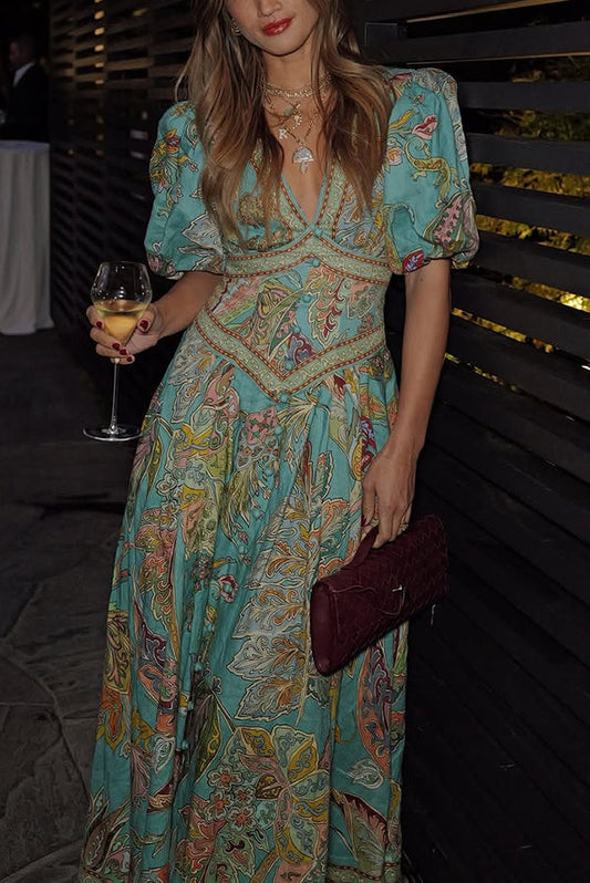 Vacation Linen Blend Unique Print Button Puff Sleeve Pocket Maxi Dress