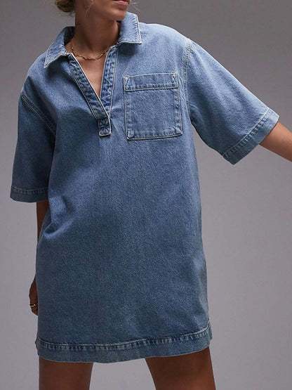 Loose Short Sleeves Pockets Color Lapel Mini Dresses