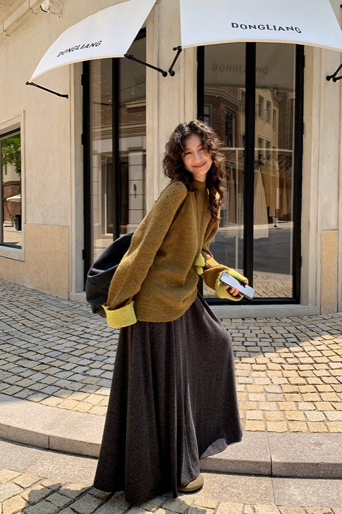 Color-block Mock Neck Loose Lazy-style Knit Sweater