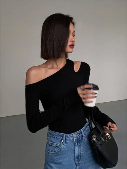 Skew Collar Off-shoulder Long-sleeved T-shirts Spring New Slim Fit Crop Top Hollow Out Tees Shirts