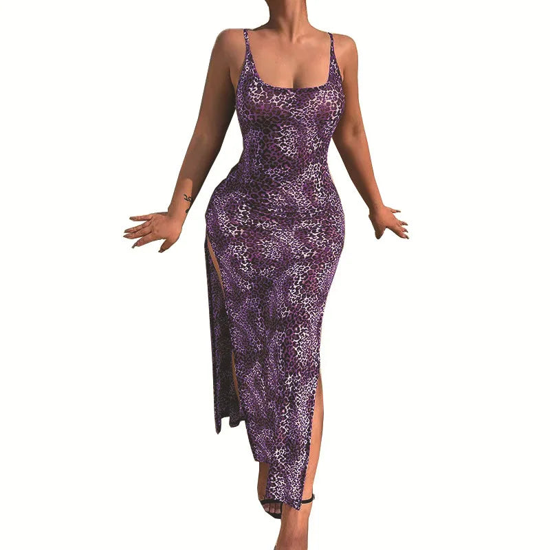Leopard Print Slim Long Dresses Low Cut Backless Package Hip Bodycon Slit Dress Female Summer New