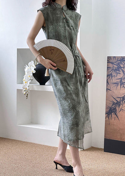 New Grey Button Lace Up Silk Cotton Long Dress Summer Af1012