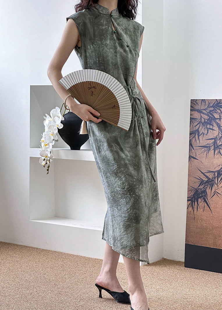 New Grey Button Lace Up Silk Cotton Long Dress Summer Af1012