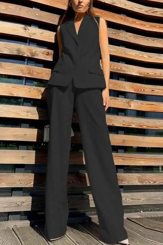 Flowy Wide-leg Pant With Matching Vest Blazer