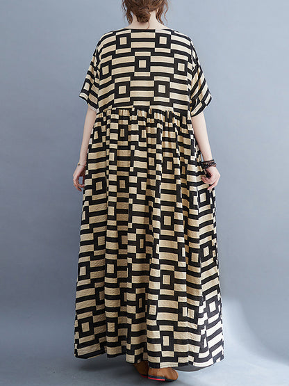 Loose Short Sleeves Plaid Round-neck Midi Dresses