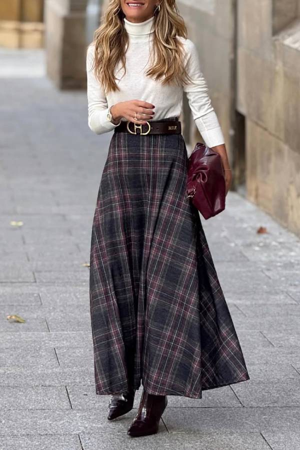 Retro Style Wide Hem Plaid Skirt