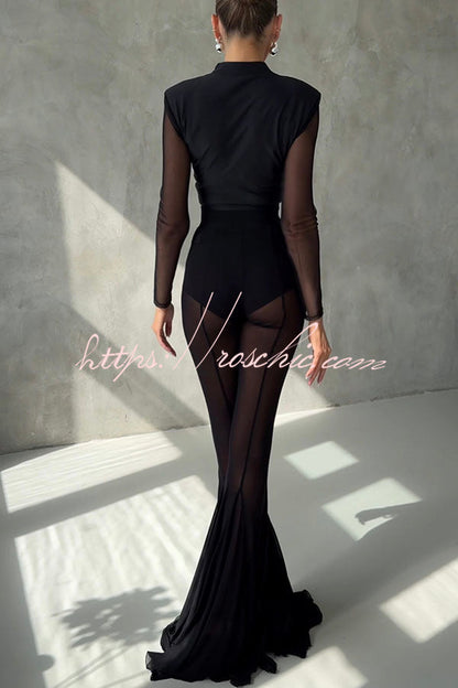 Deep Mesh High Rise Elastic Waist Fishtail Stretch Pants