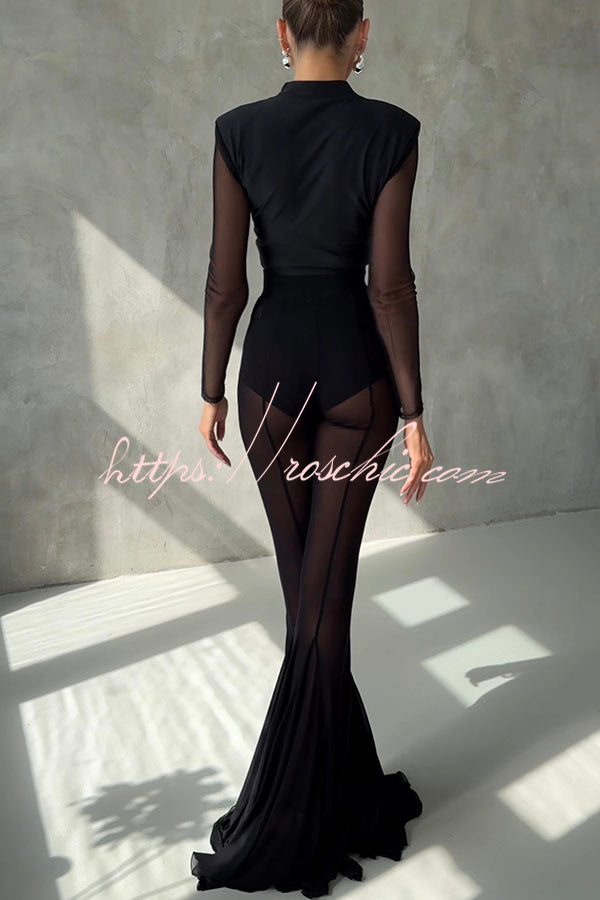 Deep Mesh High Rise Elastic Waist Fishtail Stretch Pants