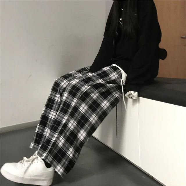 Oversize Sweatpants Black Plaid Pants Baggy Elastic Waist Pockets Student Hip Hop Loose Trousers