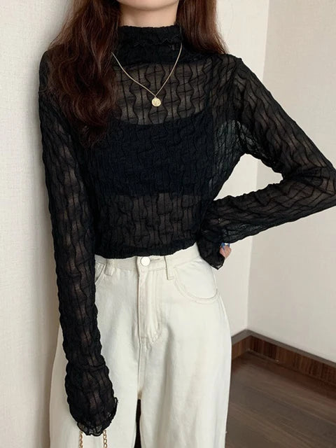 Lace Mesh High Collar Bottom T-shirts Female Long Sleeve Autumn Style Tight Thin Tops T-shirts Clothes