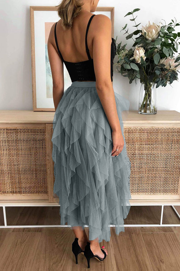 Fashionable Color Puffy Mesh High Waist Slimming Skirt