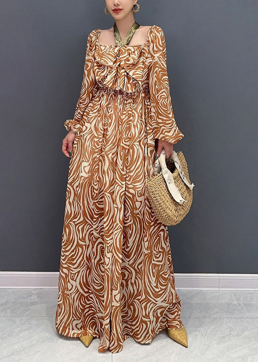 Novelty Coffee Print Wrinkled Chiffon Jumpsuit Long Sleeve Ao1045