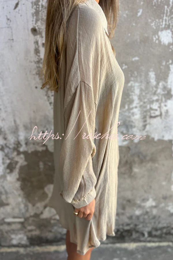 Color Lapel Long Shirt and Elastic Waist Loose Pocket Shorts Set